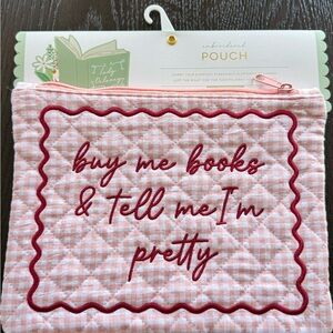 Embroidered Pink Gingham Pouch - "buy me books & tell me I'm pretty"